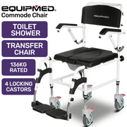 Commode Shower Chair, Over Toilet or Bedside 136kg Capacity Aluminium frame with Wheels, Black