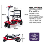 Ultra-Lightweight Folding Electric Mobility Scooter, 19kg with Battery Removed, 120kg Capacity, Long Range, Brushless Motor, Portable, Red