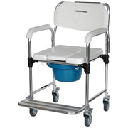 Commode Shower Chair, Over Toilet or Bedside 136kg Capacity Aluminium frame with Wheels, White/Blue