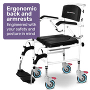 Commode Shower Chair, Over Toilet or Bedside 136kg Capacity Aluminium frame with Wheels, Black