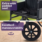 Folding Transit Manual Wheelchair, Attendant Propelled, Steel Frame, Wide Seat, Comfortable for S-XL, 114kg Capacity, Park Brakes, Transport