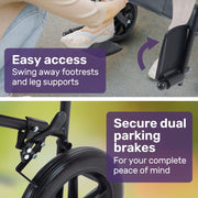 Folding Transit Manual Wheelchair, Attendant Propelled, Steel Frame, Wide Seat, Comfortable for S-XL, 114kg Capacity, Park Brakes, Transport