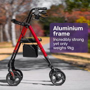 4 Wheel Lightweight Rollator Walker, Aluminium Frame, Seat, Carry Bag, for Seniors, Red