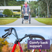 4 Wheel Lightweight Rollator Walker, Aluminium Frame, Seat, Carry Bag, for Seniors, Red