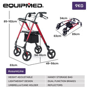 4 Wheel Lightweight Rollator Walker, Aluminium Frame, Seat, Carry Bag, for Seniors, Red