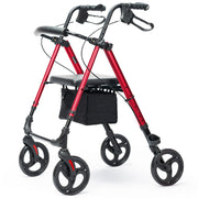4 Wheel Lightweight Rollator Walker, Aluminium Frame, Seat, Carry Bag, for Seniors, Red