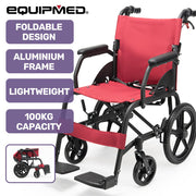 Folding Transit Wheelchair, Lightweight Aluminium for Easy Transport, Crimson Red