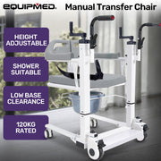 4in1 Patient Lift Transfer Chair, Manual Height Adjustment, Shower Compatible, Over Toilet, Removable Commode, for Seniors Elderly Disabled