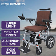 Ultra-Light Power Wheelchair, Tight Turning Electric Motorised Wheel Chair, Folding, ARTG Certified, Aluminium Frame, Lithium Battery, Brown
