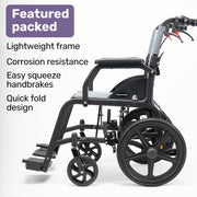 Folding Transit Wheelchair, Lightweight Aluminium for Easy Transport, Grey