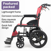 Folding Transit Wheelchair, Lightweight Aluminium for Easy Transport, Crimson Red