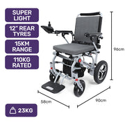 Ultra-Light Power Wheelchair, Tight Turning Electric Motorised Wheel Chair, Folding, ARTG Certified, Aluminium Frame, Lithium Battery, Grey