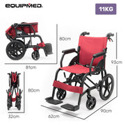 Folding Transit Wheelchair, Lightweight Aluminium for Easy Transport, Crimson Red