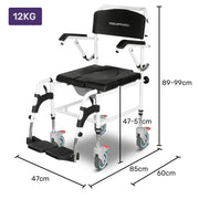 Commode Shower Chair, Over Toilet or Bedside 136kg Capacity Aluminium frame with Wheels, Black