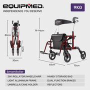 2-in-1 Aluminium Rollator and Transit Wheelchair, for Seniors Elderly, Red
