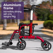 2-in-1 Aluminium Rollator and Transit Wheelchair, for Seniors Elderly, Red