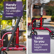 2-in-1 Aluminium Rollator and Transit Wheelchair, for Seniors Elderly, Red