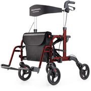 2-in-1 Aluminium Rollator and Transit Wheelchair, for Seniors Elderly, Red