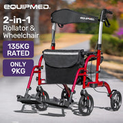 2-in-1 Aluminium Rollator and Transit Wheelchair, for Seniors Elderly, Red