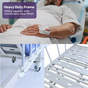 Medical Bed, w/ Mattress & Over Bed Table, Easy Manual Back and Leg Incline Adjustable, IV Pole, Home Aged Care or ICU Hospital