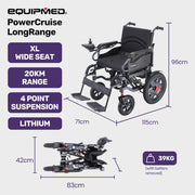 Electric Folding Wheelchair, Folding, XL Wide Seat, Long Range, Lithium Battery, Black