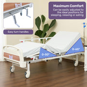 Medical Bed, w/ Mattress & Over Bed Table, Easy Manual Back and Leg Incline Adjustable, IV Pole, Home Aged Care or ICU Hospital