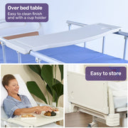 Medical Bed, w/ Mattress & Over Bed Table, Easy Manual Back and Leg Incline Adjustable, IV Pole, Home Aged Care or ICU Hospital
