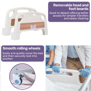 Medical Bed, w/ Mattress & Over Bed Table, Easy Manual Back and Leg Incline Adjustable, IV Pole, Home Aged Care or ICU Hospital