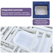 Medical Bed, w/ Mattress & Over Bed Table, Back and Leg Lifting, Lateral Tilting, Commode Bowl, IV Pole, Home Aged Care or ICU Hospital