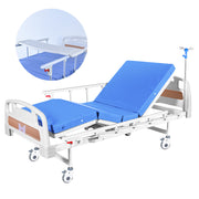 Medical Bed, w/ Mattress & Over Bed Table, Easy Manual Back and Leg Incline Adjustable, IV Pole, Home Aged Care or ICU Hospital
