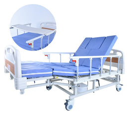 Medical Bed, w/ Mattress & Over Bed Table, Back and Leg Lifting, Lateral Tilting, Commode Bowl, IV Pole, Home Aged Care or ICU Hospital