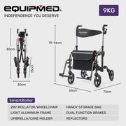SmartRoller 2-in-1 Aluminium Rollator and Transit Wheelchair - Titanium
