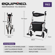 SmartRoller 2-in-1 Aluminium Rollator and Transit Wheelchair - Silver