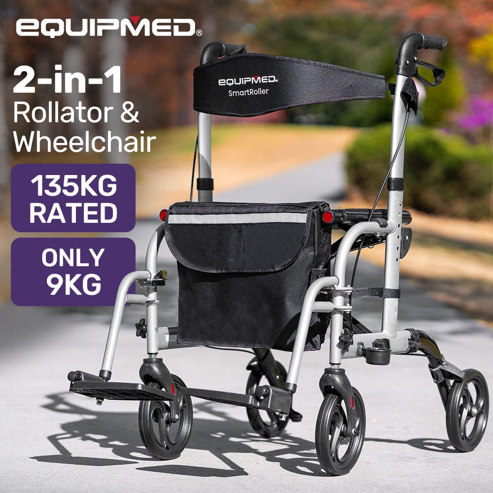 SmartRoller 2-in-1 Aluminium Rollator and Transit Wheelchair - Silver ...