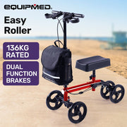 Knee Scooter Walker, Dual Brakes - Bag - Broken Leg Ankle Foot Mobility - Crutches Alternative - Red