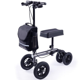 Knee Scooter Walker, 10 inch Tyres Dual Brakes Bag - Broken Leg Ankle Foot Mobility - Crutches Alternative - Titanium colour