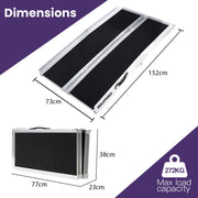 152cm Portable Folding Aluminium Access Ramp 272kg Rated, Black Ultra-Grip, for Wheelchair, Mobility Scooter
