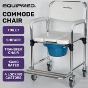 Commode Shower Chair, Over Toilet or Bedside 136kg Capacity Aluminium frame with Wheels, White/Blue