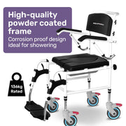 Commode Shower Chair, Over Toilet or Bedside 136kg Capacity Aluminium frame with Wheels, Black