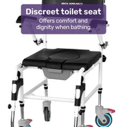 Commode Shower Chair, Over Toilet or Bedside 136kg Capacity Aluminium frame with Wheels, Black