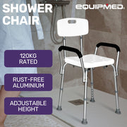 Shower Chair Bath Seat 120kg Capacity, with Arms, Adjustable Height, for Elderly, White