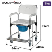 Commode Shower Chair, Over Toilet or Bedside 136kg Capacity Aluminium frame with Wheels, White/Blue