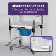 Commode Shower Chair, Over Toilet or Bedside 136kg Capacity Aluminium frame with Wheels, White/Blue