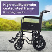Folding Transit Manual Wheelchair, Attendant Propelled, Steel Frame, Wide Seat, Comfortable for S-XL, 114kg Capacity, Park Brakes, Transport