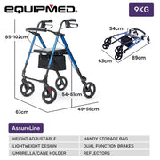 4 Wheel Lightweight Rollator Walker, Aluminium Frame, Seat, Carry Bag, for Seniors, Blue