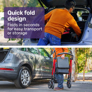 4 Wheel Lightweight Rollator Walker, Aluminium Frame, Seat, Carry Bag, for Seniors, Red