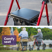 4 Wheel Lightweight Rollator Walker, Aluminium Frame, Seat, Carry Bag, for Seniors, Red