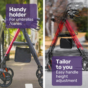 4 Wheel Lightweight Rollator Walker, Aluminium Frame, Seat, Carry Bag, for Seniors, Red