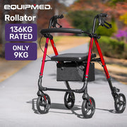 4 Wheel Lightweight Rollator Walker, Aluminium Frame, Seat, Carry Bag, for Seniors, Red