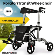 2-in-1 Aluminium Rollator and Transit Wheelchair, for Seniors Elderly, Silver
